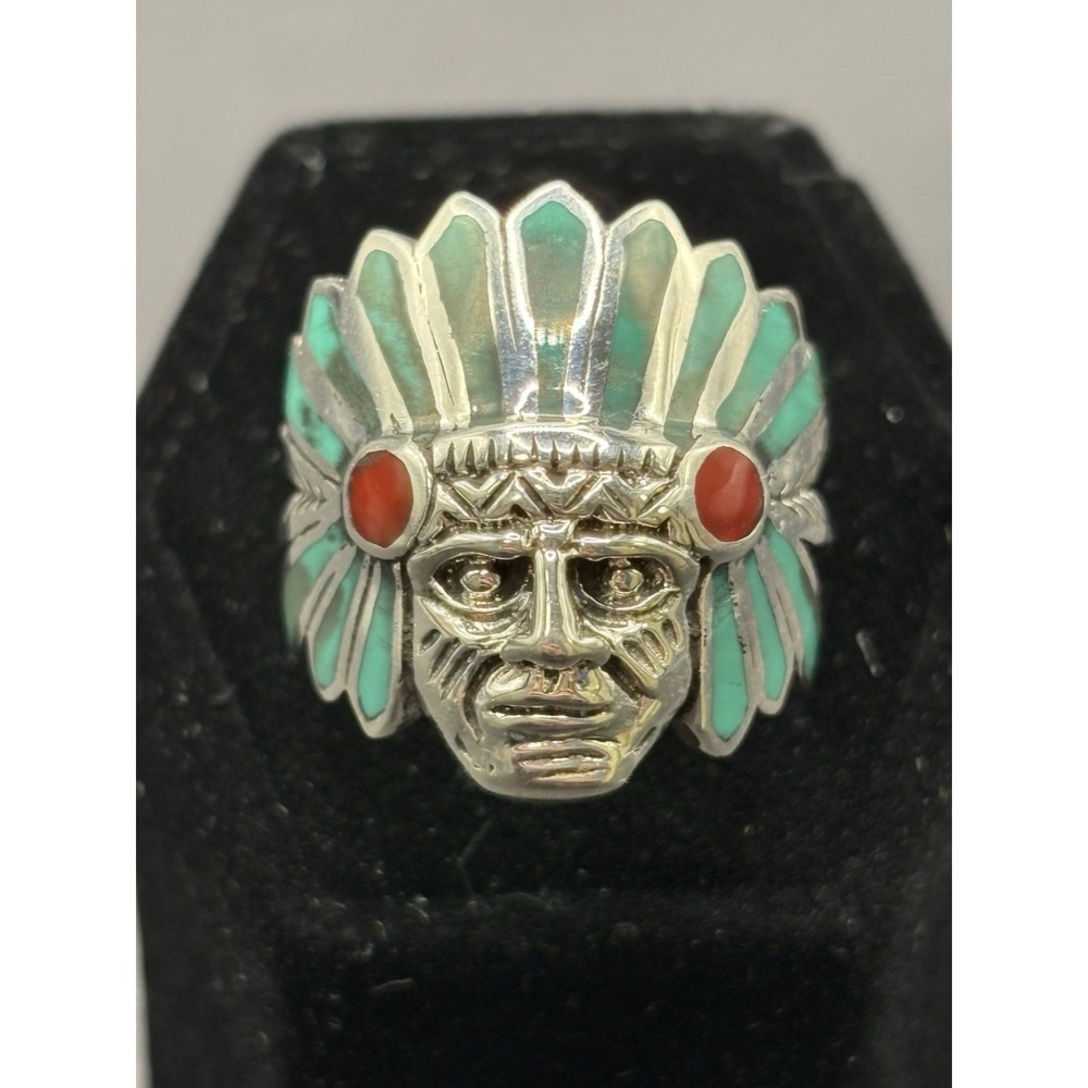 New Condition Sterling Silver Multi Turquoise Chief Ring Size 7.75 H11